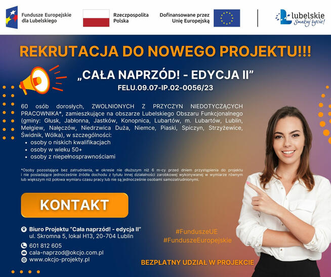 Udział w Projekcie z Funduszy UE, szkolenie zawodowe, staż