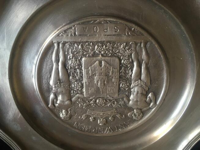 Stara patera talerz wiszący cynowy cynowany Antwerpen SPQA S