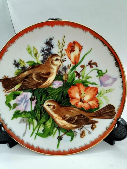 Dwa razy talerz kolekcjonerski ptaki na kwiatowym łąkowym tl