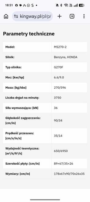 Sprzedam zagęszczarke rewersyjna MS270-270kg . faktura VAT