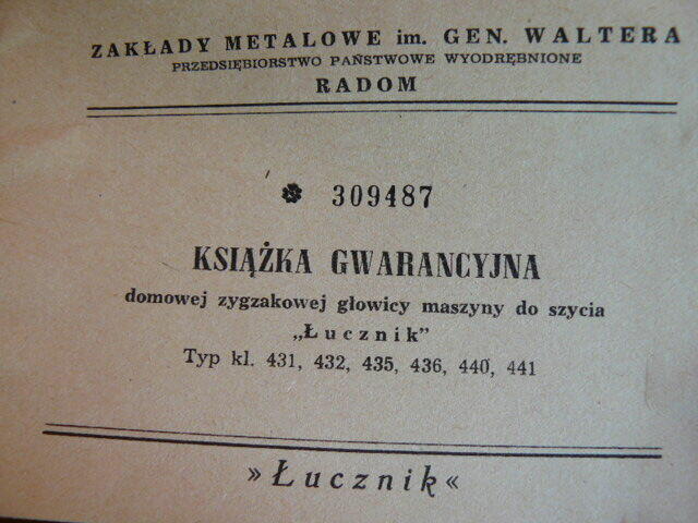 Dokumenty starej maszyny do szycia Lucznik