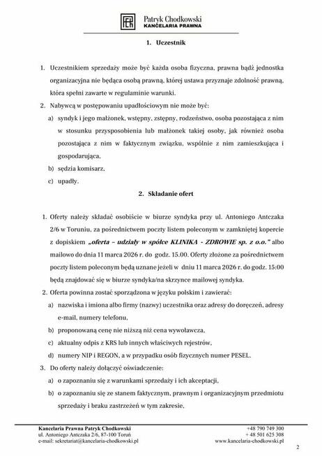 Syndyk sprzeda 9 udziałów w spółce KLINIKA - ZDROWIE