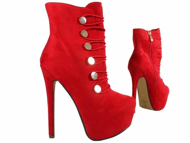 COMER Czerwone botki na platformie zamszowe szpilki