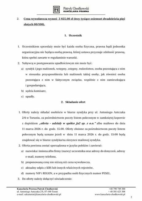 syndyk sprzeda udziały w Ja2 sp. z o.o.