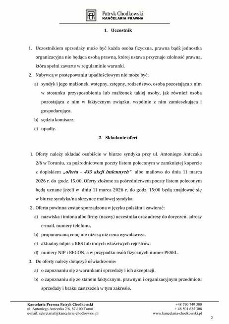 Syndyk sprzeda 435 akcji imiennych