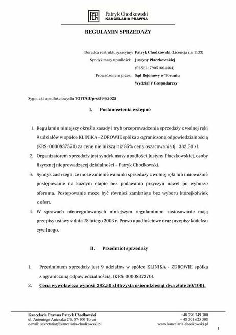 Syndyk sprzeda 9 udziałów w spółce KLINIKA - ZDROWIE