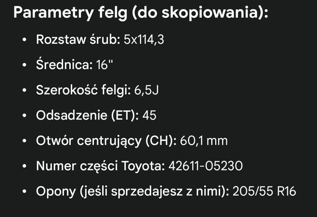 Felgi aluminiowe Toyota 16 5x114,3 ET45 60.1mm