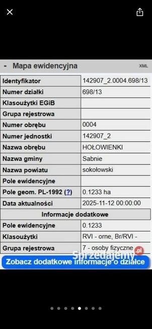 Działka budowlana Sabnie-Hołowienki 1233m2