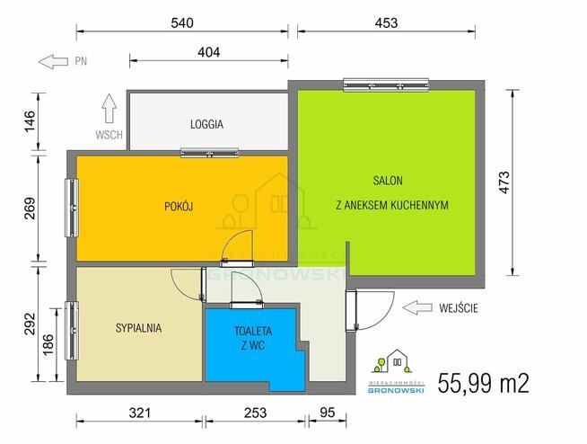 56 m² - 3 pokoje w bloku z 2014 roku.