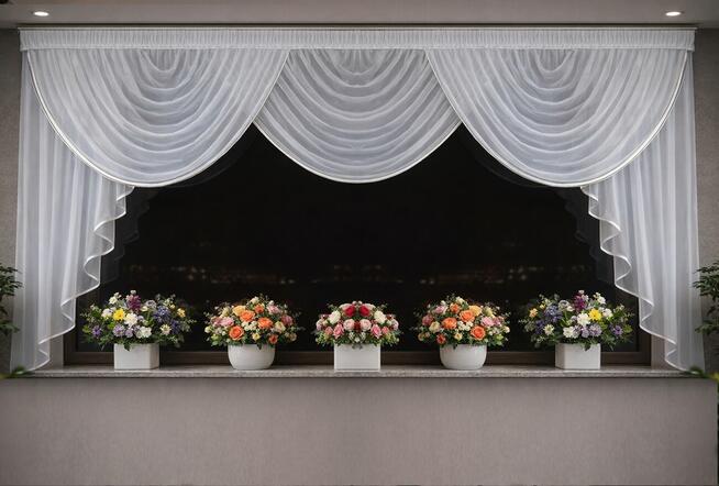 Lambrekiny, szycie firan, lambrekin w kwiaty, firany wody