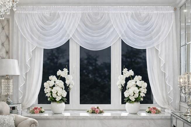 Lambrekiny, szycie firan, lambrekin w kwiaty, firany wody