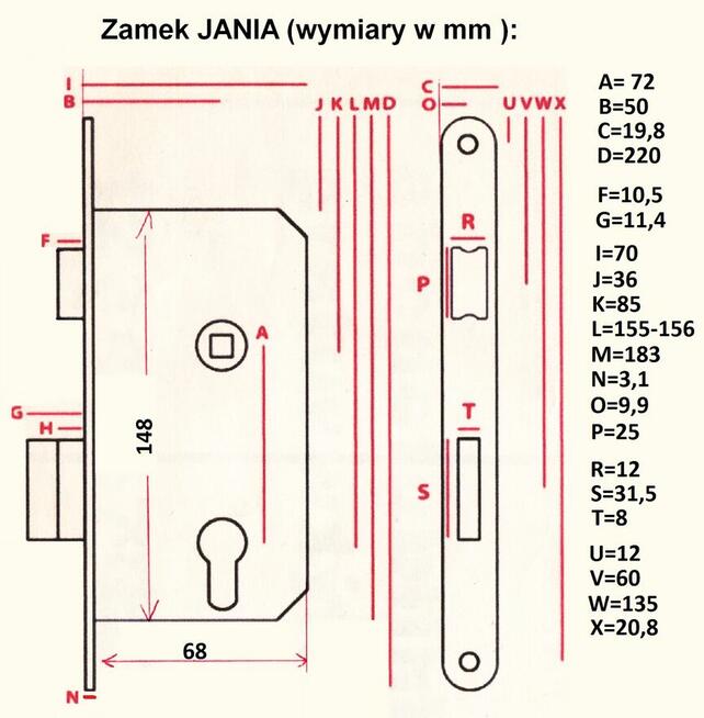 Zamek wpuszczany Jania 72/50 LEWY ,NOWY