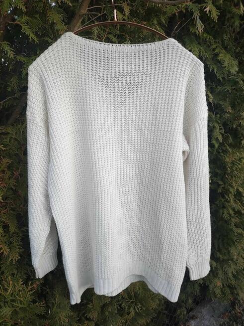Sweter Biały wełniany ażurowy dla Kobiet damski z dekoltem