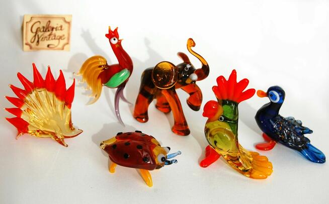 Szklane zwierzątka, figurki ze szkła, PRL, vintage