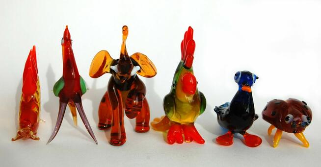 Szklane zwierzątka, figurki ze szkła, PRL, vintage