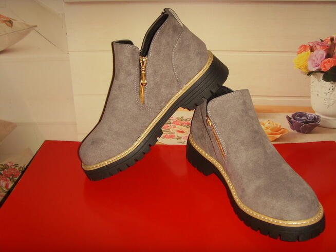 BOTKI DAMSKIE, SZARE, STYL CASUAL, NOWE, TANIO