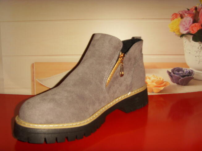 BOTKI DAMSKIE, SZARE, STYL CASUAL, NOWE, TANIO