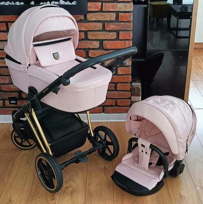 Wózek dziecięcy ADAMEX złoty stelaż, różowa gondola