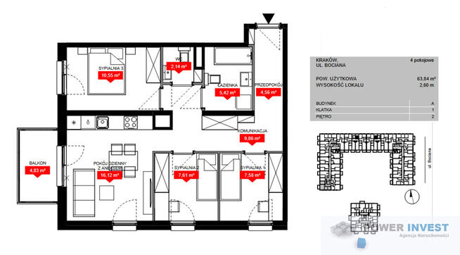 Janse, słoneczne, 4-pokojowe z balkonem, Bociana