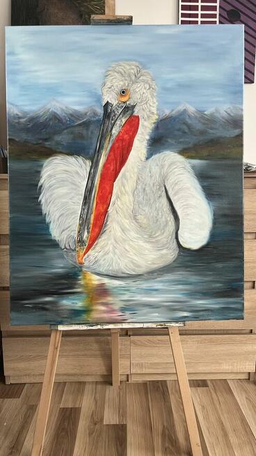 Obraz olejny na płótnie „Kędzierzawy Pelikan” (100 × 80 cm