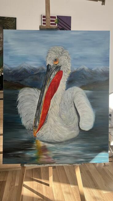 Obraz olejny na płótnie „Kędzierzawy Pelikan” (100 × 80 cm