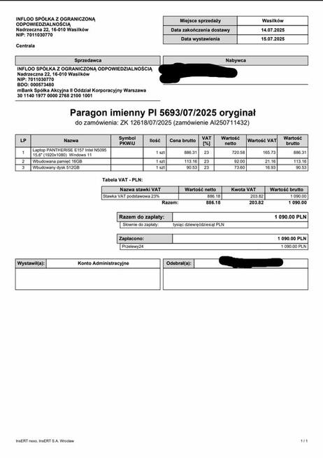 Laptop Pantherise 16GB RAM | 512GB SSD| jak nowy + gwarancja