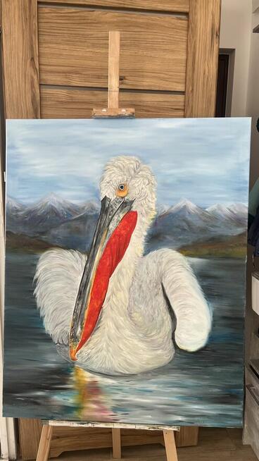 Obraz olejny na płótnie „Kędzierzawy Pelikan” (100 × 80 cm