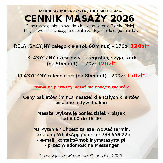 Masaż relaksacyjny/klasyczny - dojazd do klienta - PROMOCJA