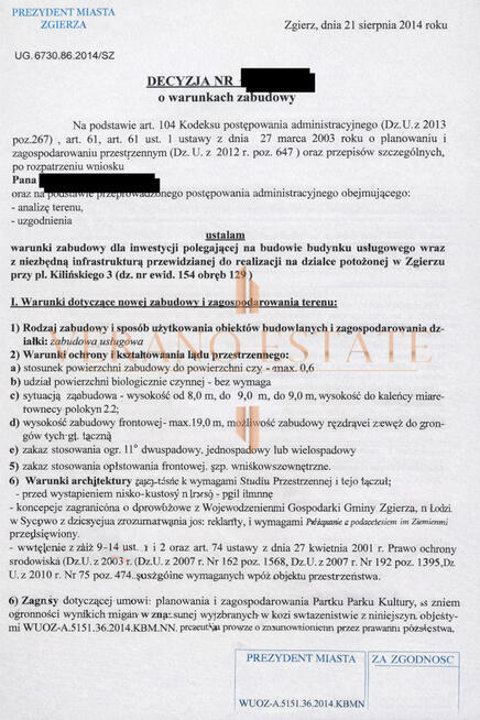 TEREN INWESTYCYJNY 1031 m² – ZGIERZ CENTRUM – WZ