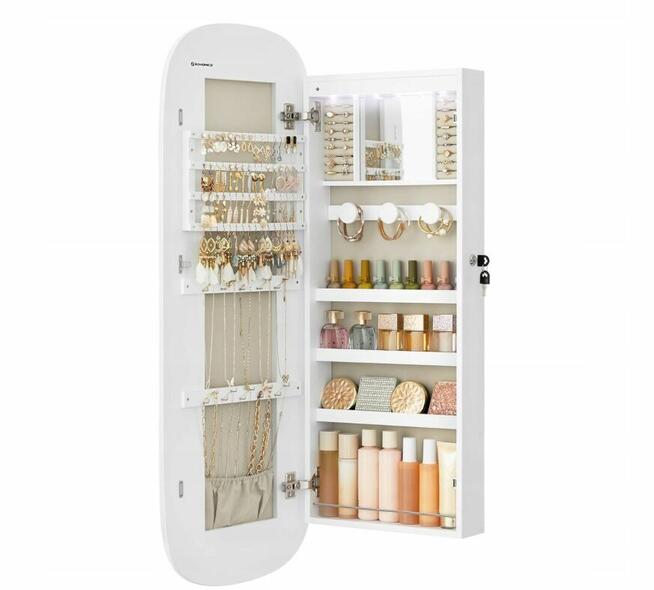 Szafka na biżuterię BEZ LUSTRA Organizer LED Zamek Biała