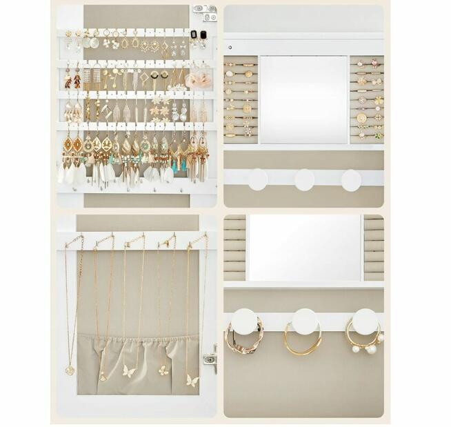 Szafka na biżuterię BEZ LUSTRA Organizer LED Zamek Biała