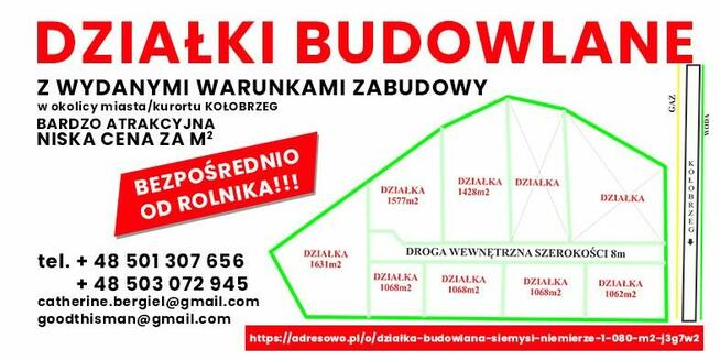 Działki budowlane od 1070m² do 1750m2 w pobliżu m.Kołobrzeg!