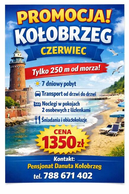 Kołobrzeg Czerwiec tylko 250 m.od morza