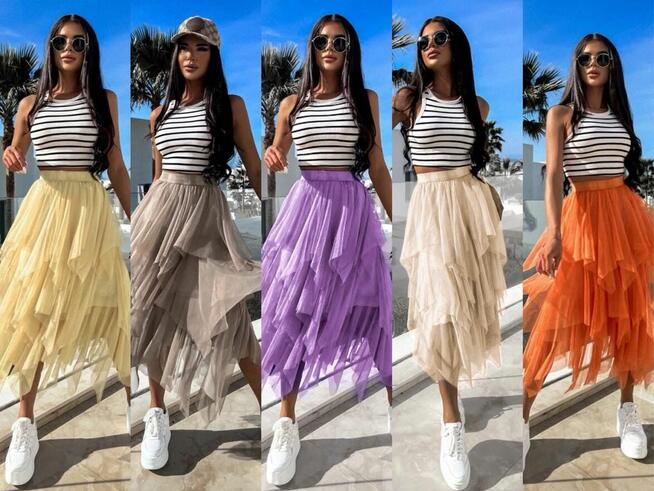 Spódnica tiulowa wielowarstwowa asymetryczna falbany maxi/mi