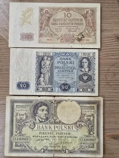 Zestaw banknotów 10zł 1940, 20zł 1936 i 500zł 1919r.