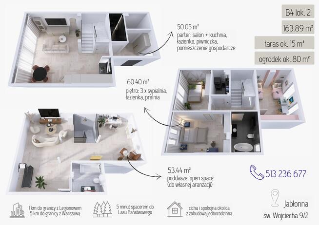 3 kondygnacje użytkowe - 163.89 m² - JABŁONNA