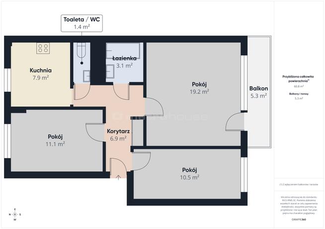 3 pokoje z balkonem, 62 m²