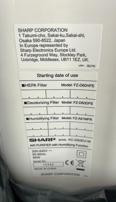 Sharp KC-D60EUW oczyszczacz powietrza z nawilżaczem Plasmacl