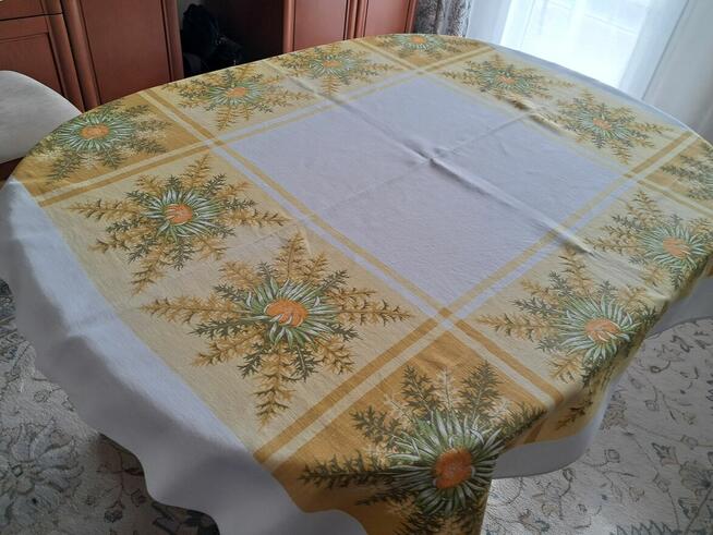 Obrus lniany biały w słoneczniki, 140 x 126