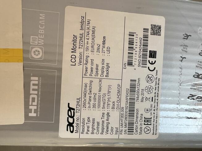 Acer T272HUL - monitor dotykowy 27 WQHD 2560x1440 IPS