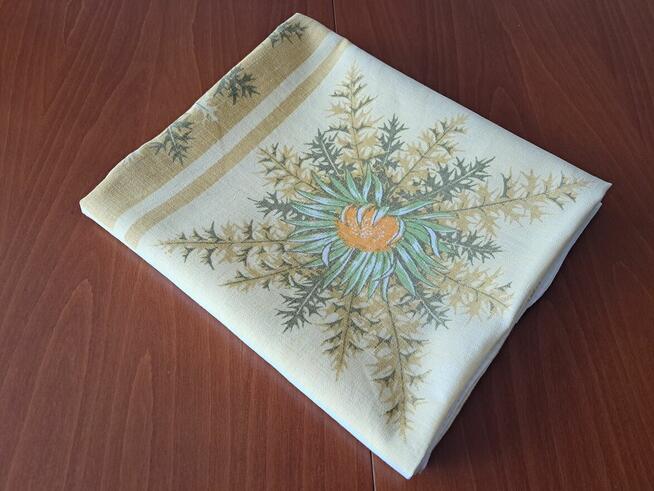 Obrus lniany biały w słoneczniki, 140 x 126