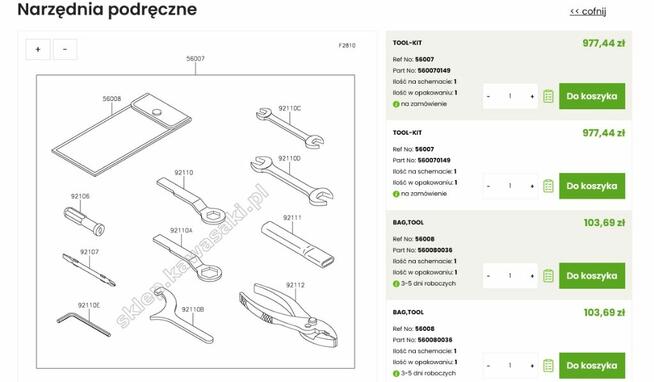 KAWASAKI klucze narzędzia serwisowe zestaw kluczy podręcznych