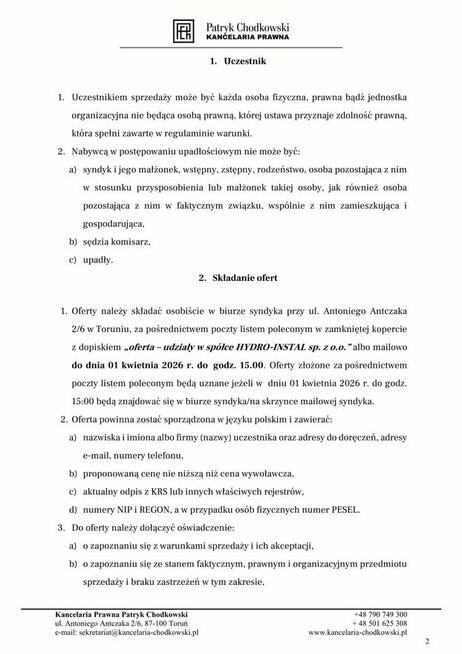 Syndyk sprzeda 15 udziałów w spółce HYDRO-INSTAL