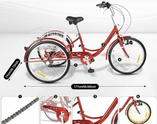 Nowy Rower trójkołowy 24 Czerwony - Darmowy kurier