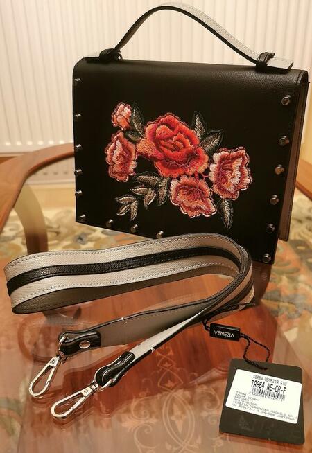 Śliczna kobieca torebka skórzana z haftem w kwiaty VENEZIA