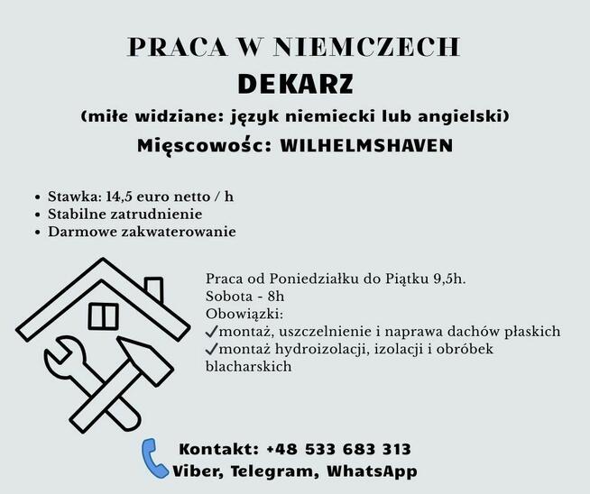 Dekarz i pomocnik dekarza z doświadczeniem 14,5 euro netto/h