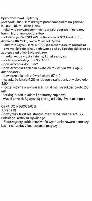 Sprzedam lokal użytkowy Wrocław w dobrej lokalizacji i cenie