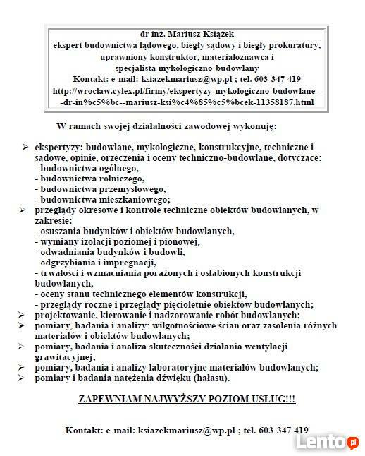 EKSPERTYZY MYKOLOGICZNO - BUDOWLANE I SĄDOWE, OCENY TECHNICZ
