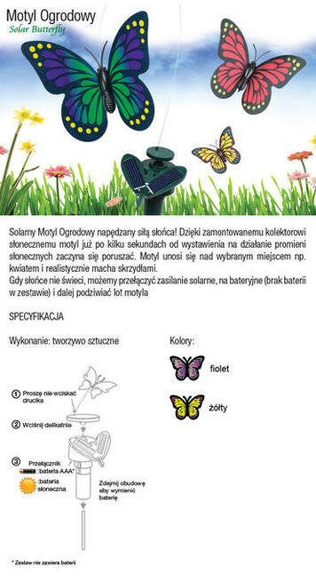 SOLARNY MOTYL OGRODOWY zasilany słońcem SOLAR, Ozdoba-motylek