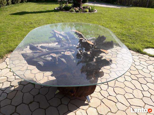 Stół drewniany z korzenia szklany blat